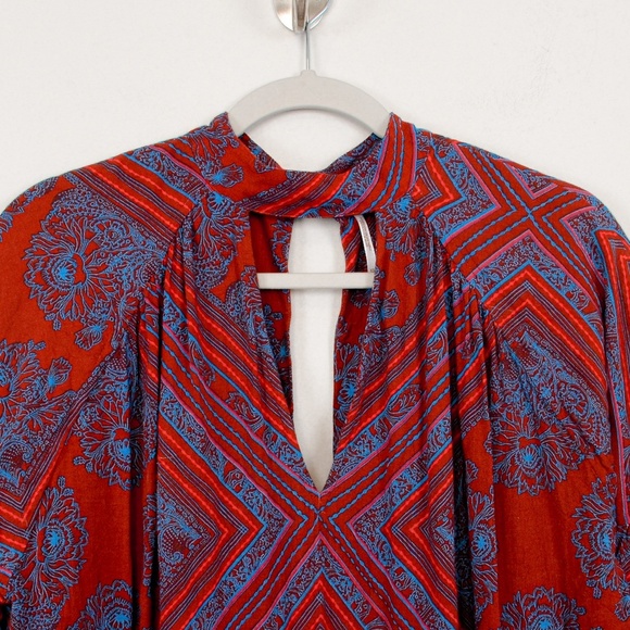 Free People Walking On A Dream Keyhole Long Sleeve Tunic Top Red Blue - Picture 6 of 11